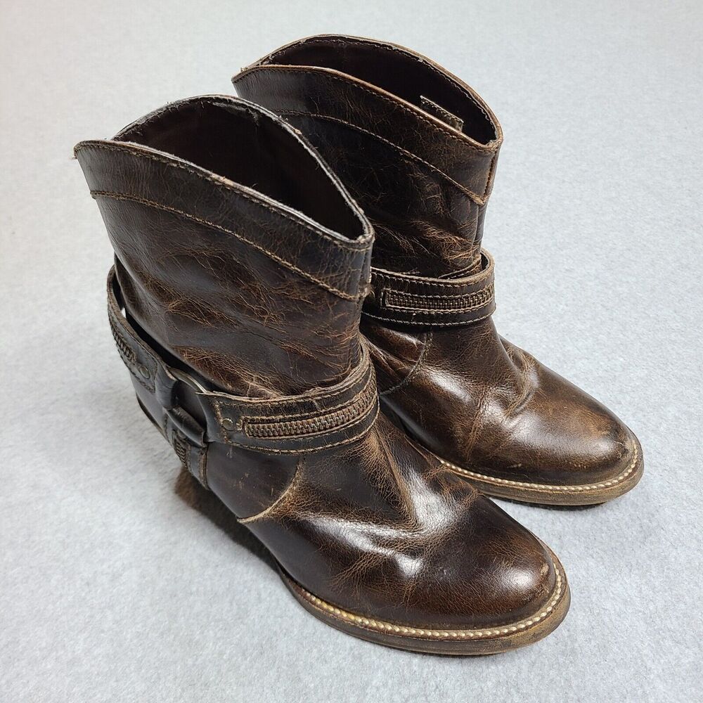 Vtg Dingo Metro Leather Ankle Boots Size 6.5 Harness Zipper Accents Urban Brown